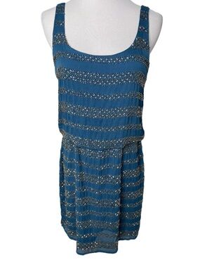 5/48 Sleeveless Teal Blue Beaded Blouson Dress